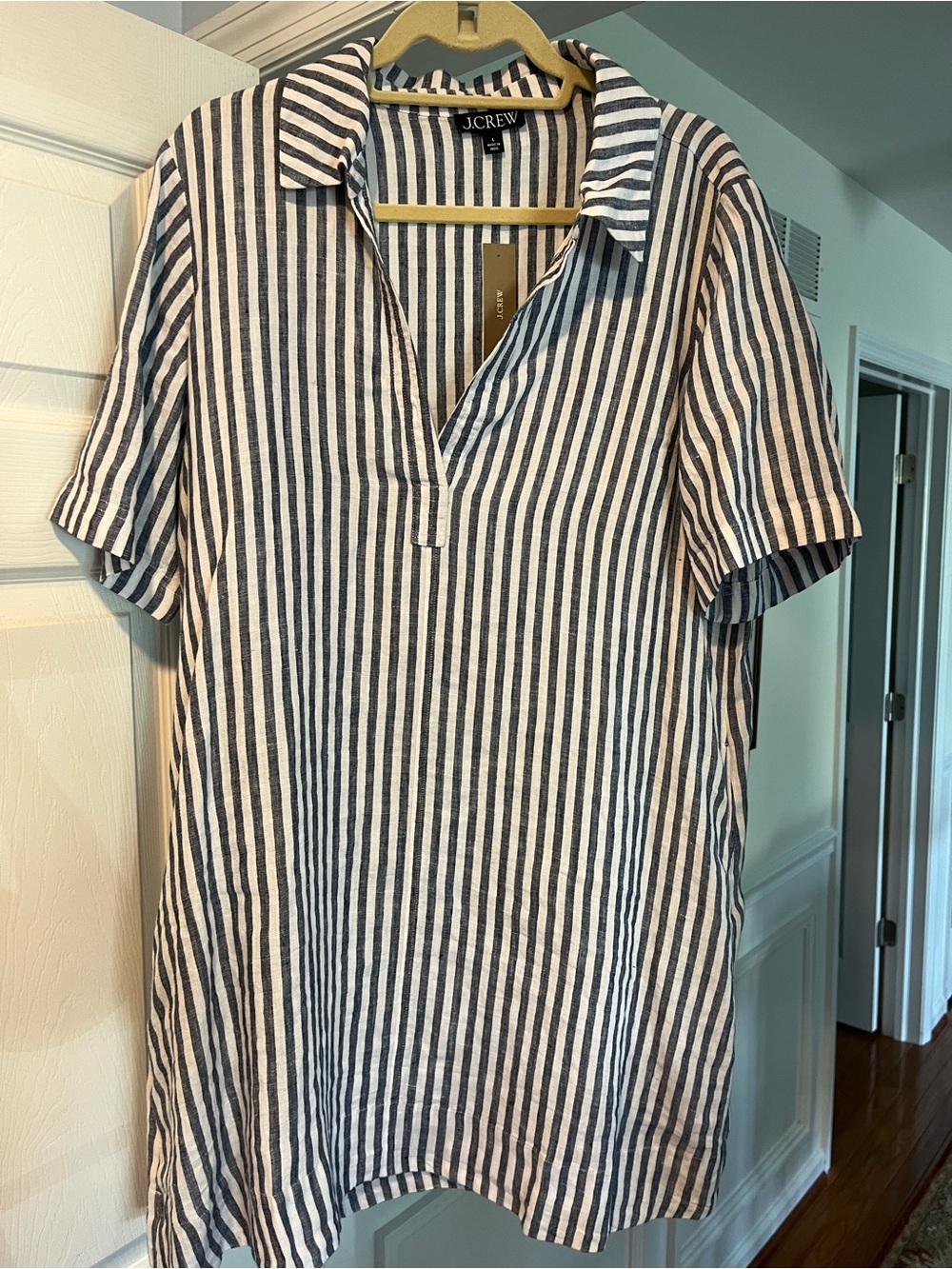 J. Crew Navy and White Vertical Stripe Short-Sleeve Button-Down dress. NWT Sz L